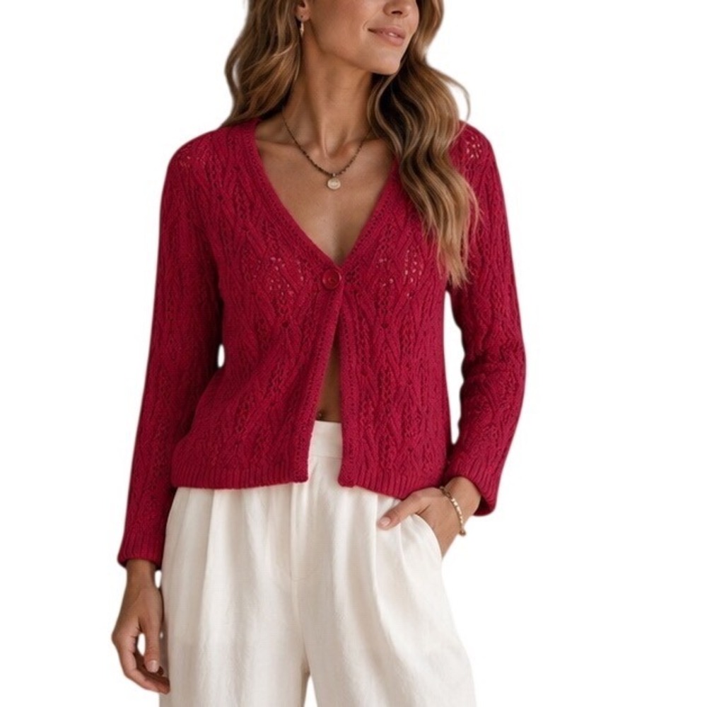 Charter Club Red Pointelle Knit V-Neck Single Button Cardigan Sweater Womens M